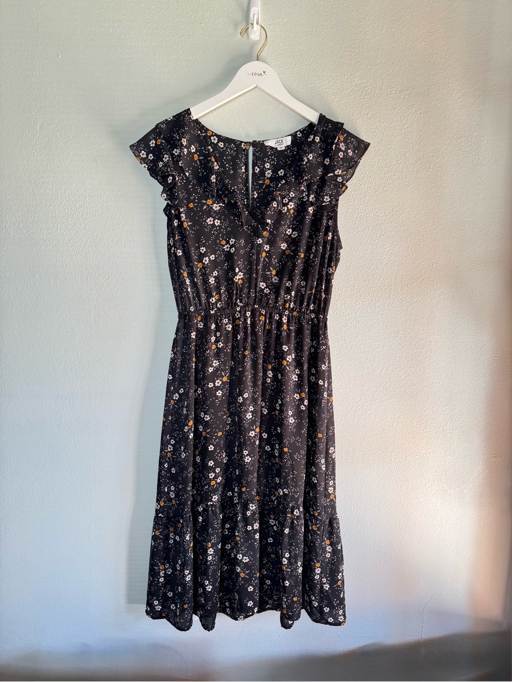 BB Dakota Black Floral Midi Dress with Ruffle Yoke